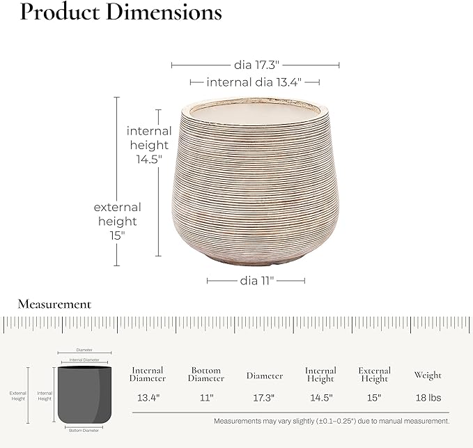 LuxenHome 17" Dia Round Planters for Indoor Plants, Large Outdoor Planters with Drainage Holes, Concrete Distressed Plant Pots Indoor & Outdoor for Home Garden Patio