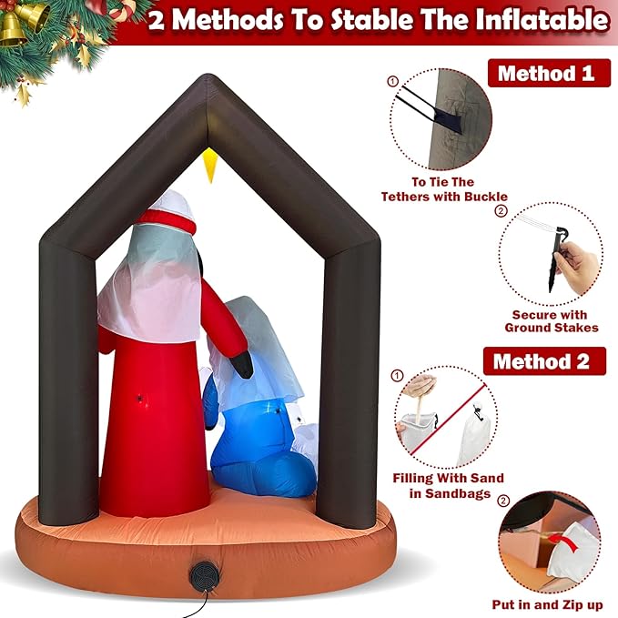 7 Ft Tall 5 Ft Long Christmas Inflatables African American Nativity Scene Outdoor Decoration, Blow Up Black Jesus Manger Set with Built-in 7 Light Inflatable Xmas Decor Yard Lawn