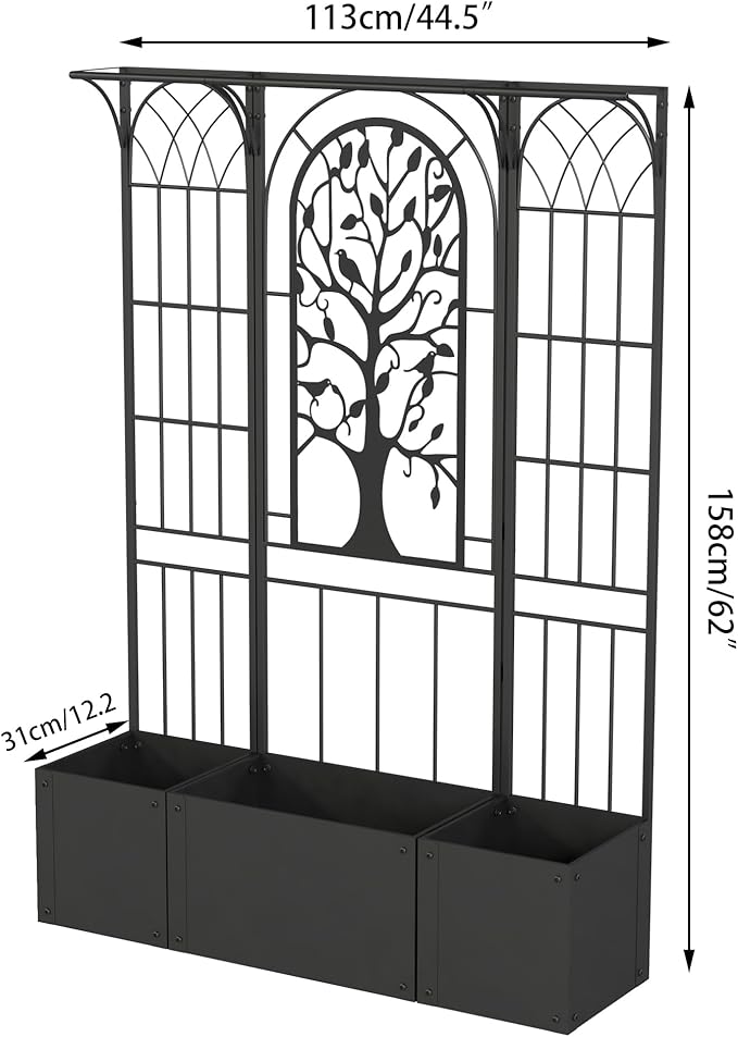 Metal Planter Box with Trellis, Raised Garden Bed with Trellis Privacy Screen, 62 inch Tall Planter Boxes for Climbing Plants, Flowers, Vegetables, Fruits, Balcony and Patio Decor (Black)