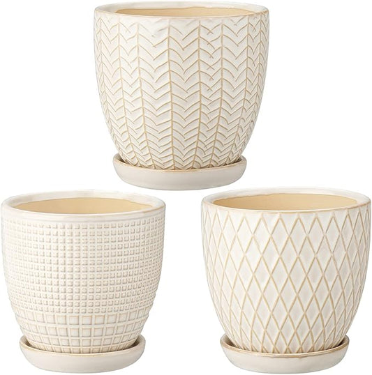 Oairse 4 inches Ceramic Planter Pots 3 Set of Small Round Flower Pots with Drainage Hole and Ceramic Tray for Succulents Cactus Indoor Outdoor Garden Home Windowsill