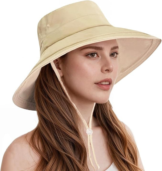 Sun Hats for Women Wide Brim Ponytail UV Protection Beach Hat Packable Waterproof Bucket Hat for Travel Hiking Gardening