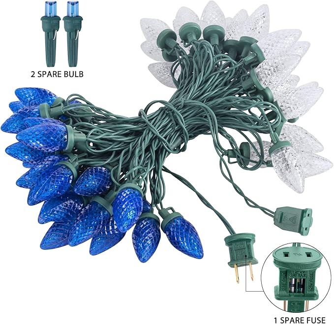 Brightown C9 LED Christmas Lights Outdoor, 33ft 50 LED Waterproof Strawberry String Lights, Extendable Green Wire Lights String for Outdoor Indoor Patio Party Decoration, Blue and White