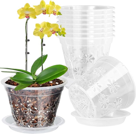 Orchid Pot, 8 Pack 4 Inch Clear Orchid Pots with Holes & Saucers - Aeration Flower Planters for Phalaenopsis, Dendrobium & Airflow Root Orchids - Ideal for Repotting, Drainage & Healthy Growth