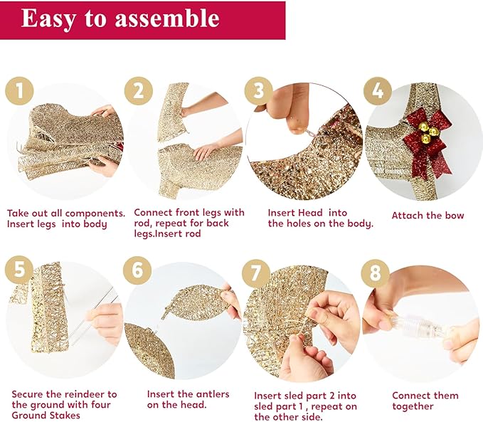 4ft Outdoor Lighted Reindeer Christmas Decorations, 3-Piece Reindeer Family Set with 240 LEDs, Bells, Red Bows, Durable Weatherproof Metal Frame for Yard, Garden, Indoor Holiday Decor, Gold