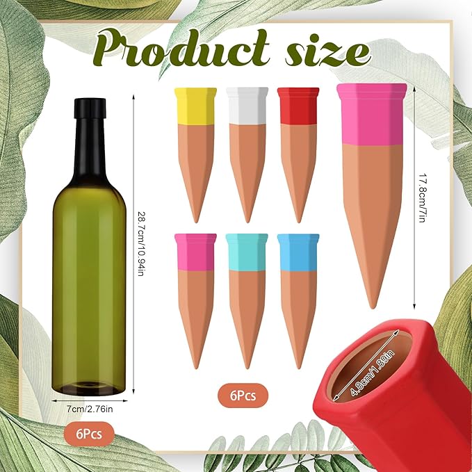 6 Sets Plant Watering Devices Include 6 Terracotta Self Watering Spikes and 6 Pcs 26 oz Plastic Bottles, Slow Release Vacation Insert Automatic Plant Waterer Device (Mixed Colors)