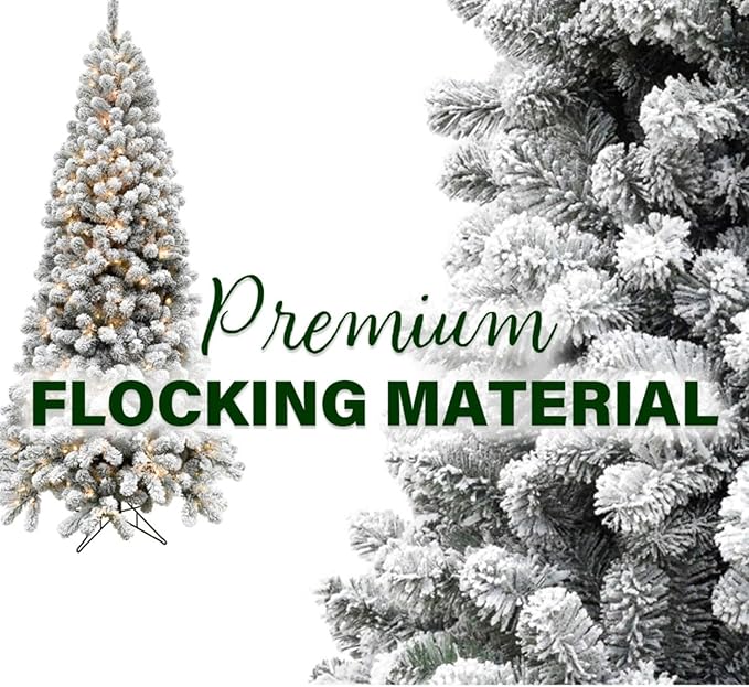 Fraser Hill Farm 7.5-Ft. Alaskan Pine Flocked Artificial Christmas Tree with Warm White LED Lights and Stand, Prelit Foldable Fake Tree with Realistic Snowy Foliage for Home Decoration