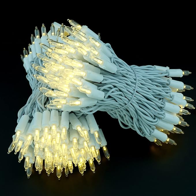 YULETIME 200 Warm White LED Christmas Lights, 66 Feet White Wire UL Certified Commercial Grade Holiday String Light Set