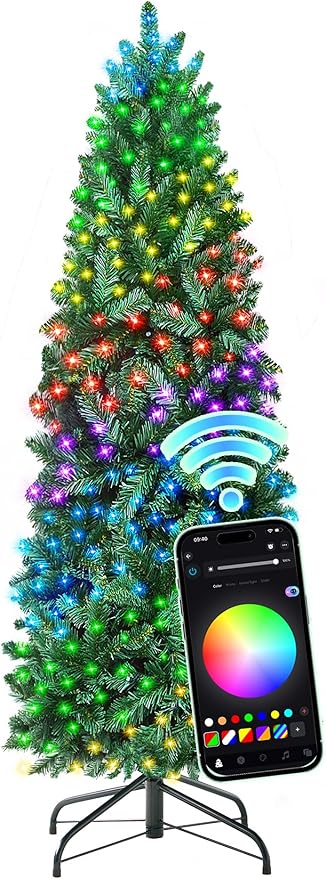 HOLLO STAR 4.5 ft Prelit Christmas Tree with 148 LED Lights, App Control, Artificial Pencil Christmas Tree with Multi-Color RGBW Lights, 330 Branch Tips, Skinny Xmas Tree, Metal Base, for Home, Party
