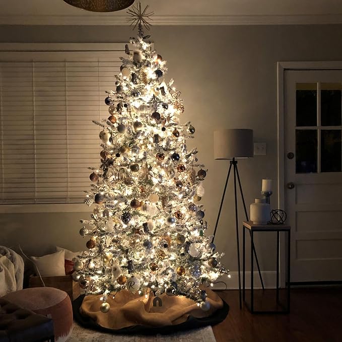 Fraser Hill Farm Pine Valley Flocked Christmas Tree, 6.5 Feet Tall, Snowy Xmas Tree with Easy to Connect, White Incandescent Smart Lights, Modern and Realistic Faux Christmas Tree