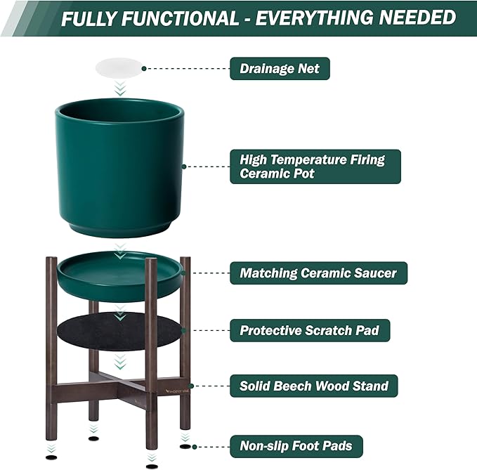 D'vine Dev Ceramic Planter with Walnut Color Stand - 10 Inch Modern Round Flower Pot with Wood Planter Holder, Teal, 55-B-X-4