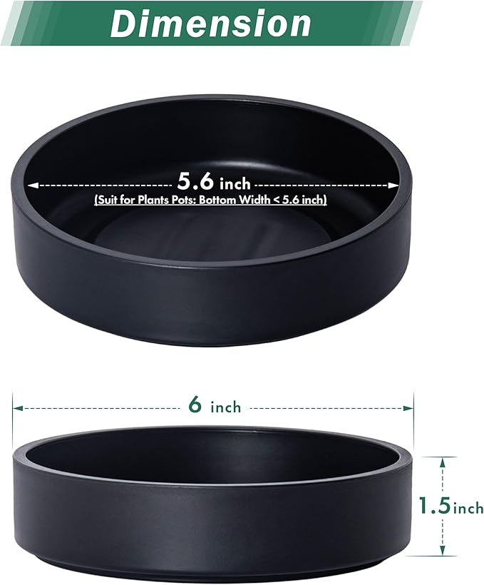 Phoenix Vine 6 Inch Plastic Plant Saucer Water Drip Tray, Heavy Sturdy Round Plant Drainage Tray for Indoors Outdoor, Set of 2, Matte Black, 21-TY-6B-2