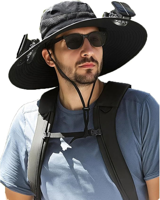 Solar Powered Fan Hat with 2 USB Solar Charging Removable Fans Wide Brim Sun Hat for Outdoor Fishing, Hiking Gardening