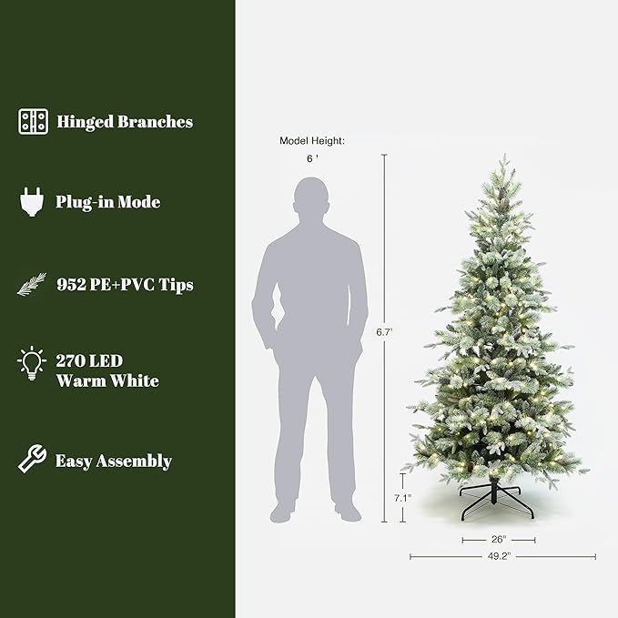 LuxenHome 6.5FT Prelit Christmas Tree with Lights, Green Flocked Artificial Christmas Tree with Pine Cone, 270 LED Lights, 952 PE+PVC Branch Tips, Prelit Pine Tree Indoor, Outdoor Holiday Décor