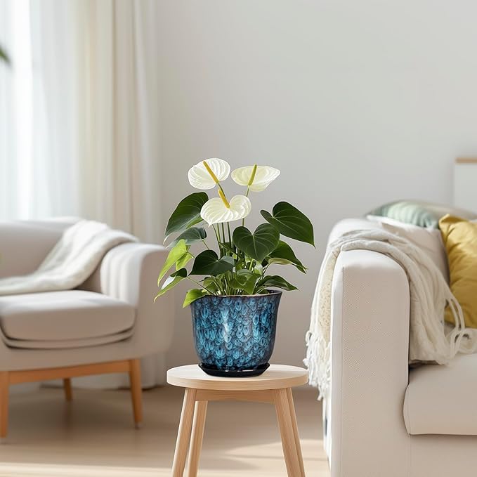 5.6 Inch Plant Pot - Ceramic Pots for Plants with Drainage Hole and Saucer, Round Succulent Flower Orchid Pot for Indoor Outdoor, Modern Planter, Home Room Decor, Gift for Plant Lover, Blue