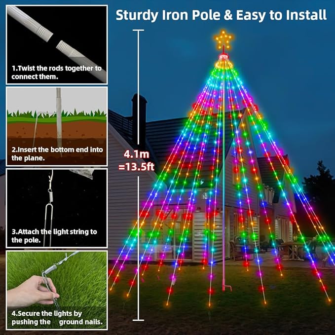 13.5ft,542 LEDs Smart Christmas Tree Lights Outdoor Pole set,App&Remote Control Large Waterfall String Lights,DIY RGB Colors,Music Sync,Timer,Waterproof Giant Tree Lights for Yard,Party,Xmas Decor