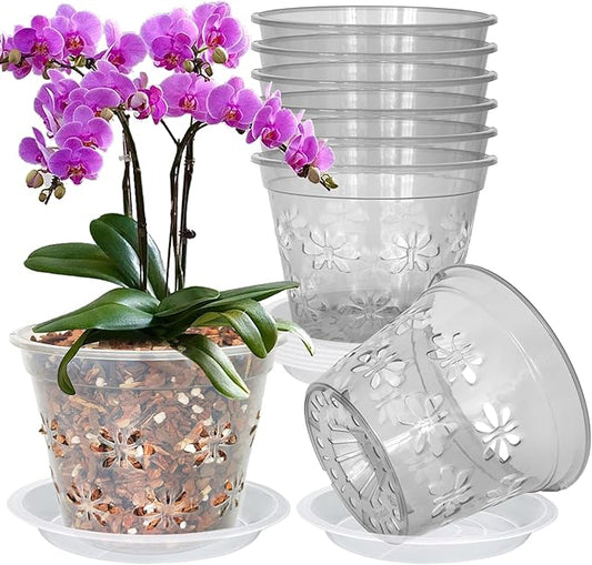Orchid Pot, 8 Pack Orchid Pots with Holes & Saucers, Clear Plastic Pot for Repotting, Breathable Ventilation Planters for Phalaenopsis, Dendrobium & Oncidium Orchids(7 inch, Grey)