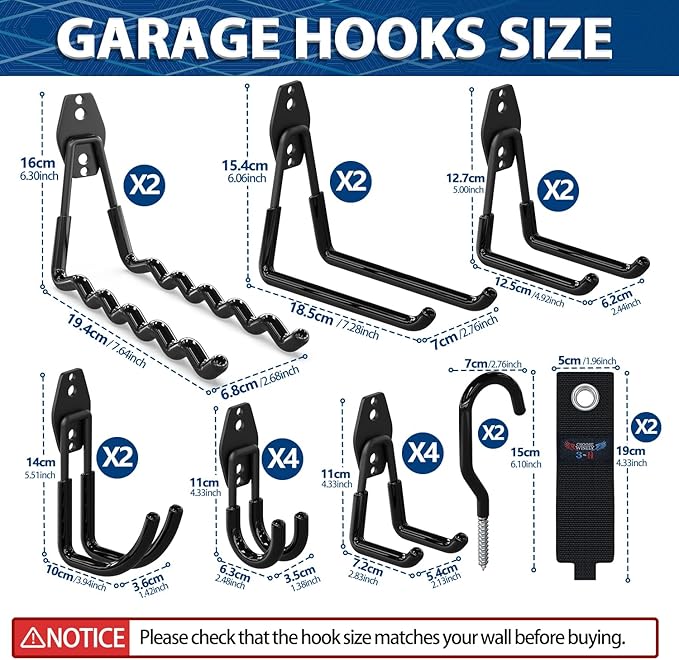 3-H Garage Wall Hooks 20 Pack, Garage Hooks Heavy Duty with Extra Welding Spots, Garage Organizer for Garden, Lawn, Chairs, Ladders, Weed Eater, Shovel(Black)