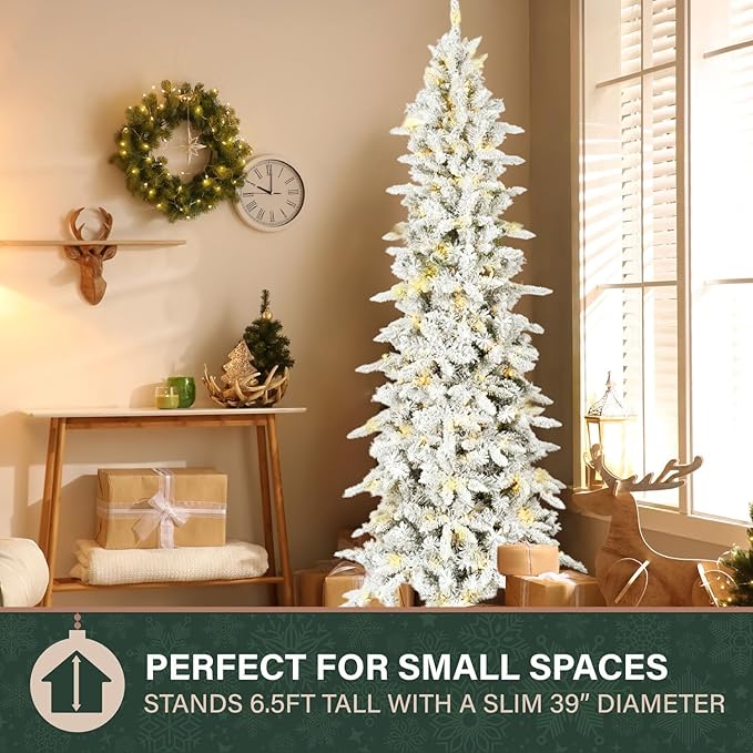 Fraser Hill Farm 6.5-Ft. Slim Mountain Pine Flocked Artificial Christmas Tree with Warm White LED Lights and Stand, Prelit Foldable Fake Tree with Realistic Snowy Foliage for Home Decoration