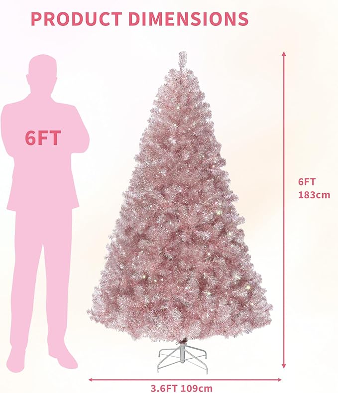 GarveeHome 4.5ft Prelit Artificial Christmas Tree with 150 Warm White Lights, Pre-Lit Snow Flocked Pencil Christmas Tree, Foldable Base,Holiday Decoration for Home, Office, Party,Rose Gold Tinsel