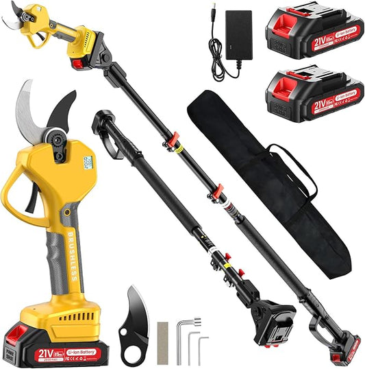 2-in-1 Pole Pruning Shears, 2" Cutting Diameter Cordless Electric Pole Pruners - Brushless Motor, 4.0Ah(2.0Ah*2) Batteries, Extra SK7 Blade, Adjustable Branches Cutter for Tree & Flower