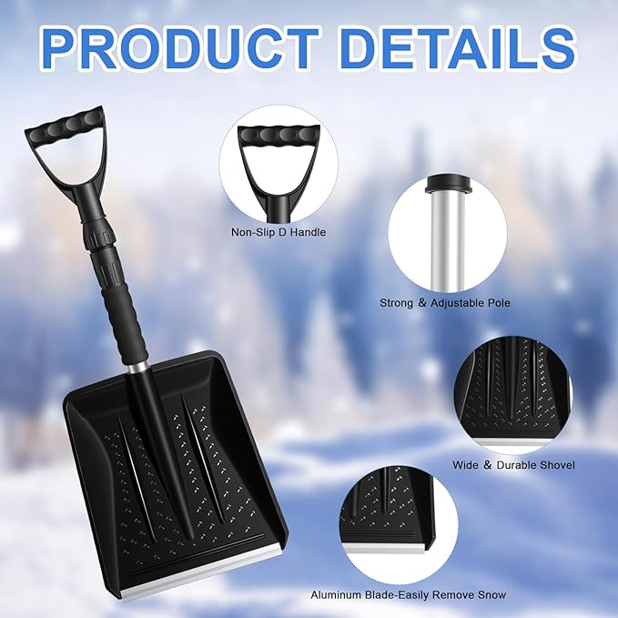 4 Pcs Kids Snow Shovels with D-Grip Handle, Adjustable Snow Shovels for Toddlers Boys Girls, Portable ＆ Lightweight Shovel for Garden, Camping, Driveway, Car, Outdoor Activities, Snow Removal (Black)