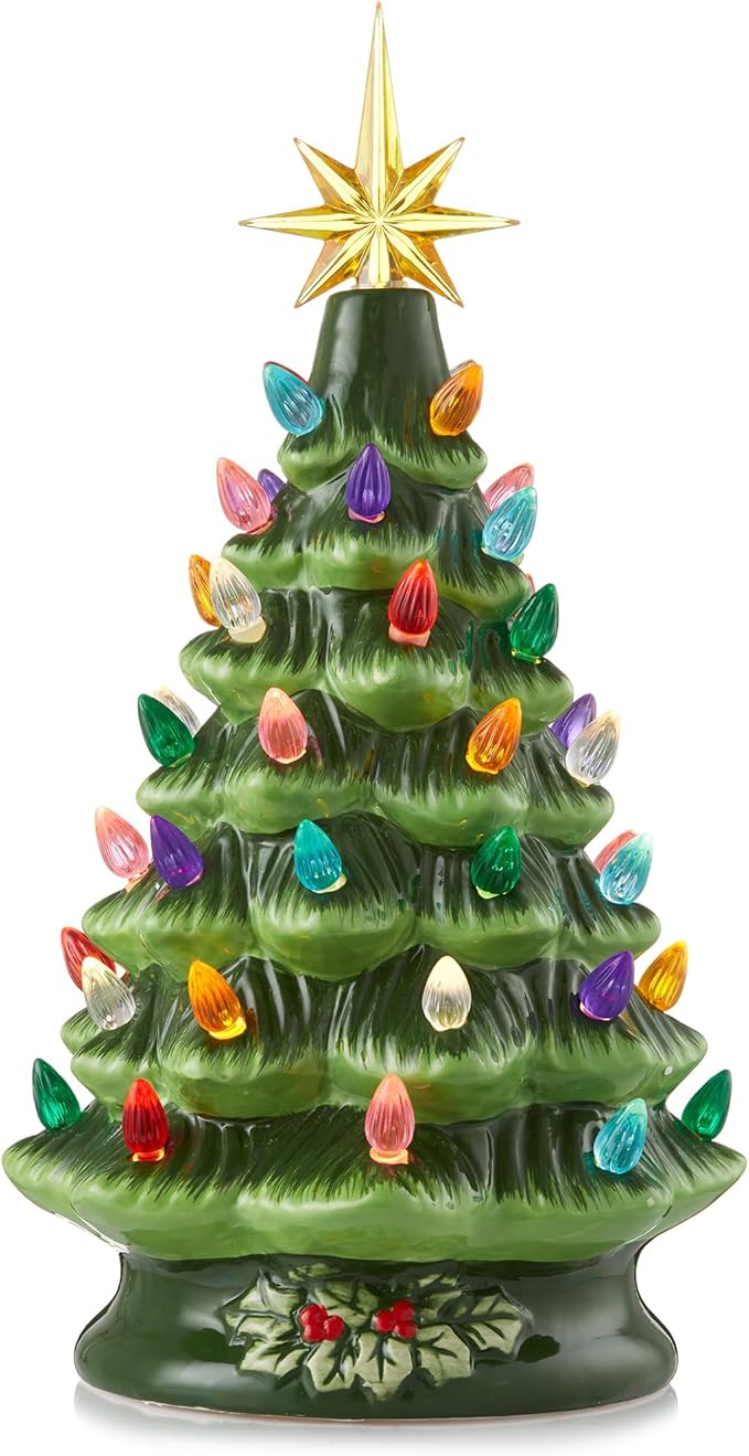 Casafield Hand Painted Ceramic Christmas Tree, Green 12-Inch Pre-Lit Tree with 100 Multi Color Lights and 2 Star Toppers