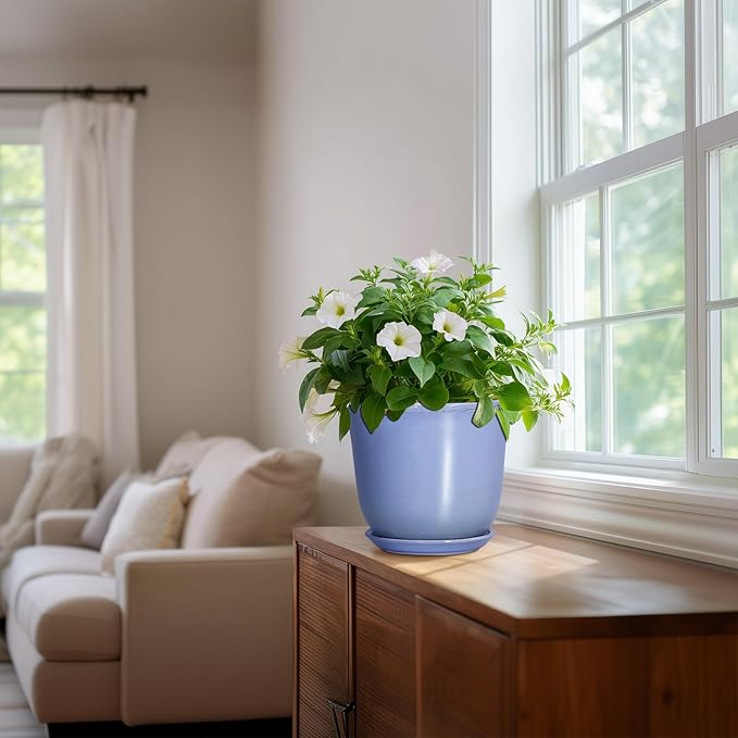 Ceramic Pots for Plants - 8 Inch Planter for Indoor Outdoor, Round Flower Pot with Drainage Hole and Saucer, Modern Planter, Home Garden Apartment Decor, Gifts for Plant Lovers, Purple-Blue