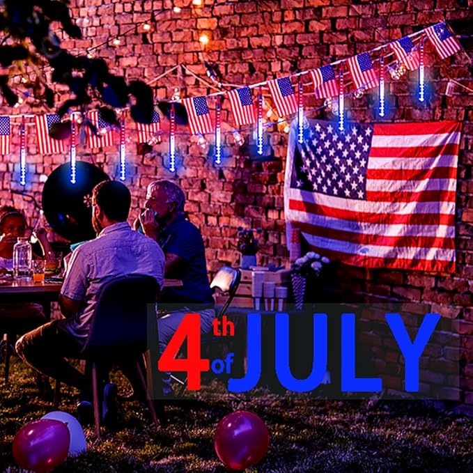 Kwaiffeo 4th of July Decorations Outdoor Red White and Blue Meteor Shower Lights for Patriotic Independence National Memorial Day Decorations, 24 Tubes(Equivalent to 3 Sets of 8-Tubes)
