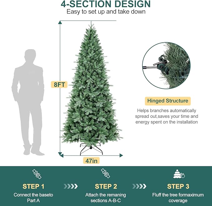 8 FT Artificial Skinny Christmas Tree,Unlit Blue Spruce Slim Pencil Xmas Tree with 1987 PE&PVC Mixed Branch Tips,Hinged Pine Tree with Metal Stand for Home Office Décor