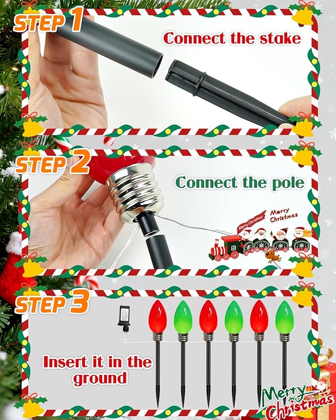 IDEAALS 12 Pack Jumbo Red and Green Plug in C9 Christmas Lights Outdoor，LED Pathway Lights Waterproof, Strawberry Light Christmas Decorations Outdoor for Walkway Party Patio Garden Lawn Yard Decor