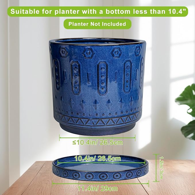 Plant Pot Saucer - 11.4 Inch Plant Saucer for Outdoors Ceramic Plant Tray for Indoors No Holes Large Plant Drip Trays Round Flower Pot Saucer Plant Dishes to Catch Water Blue