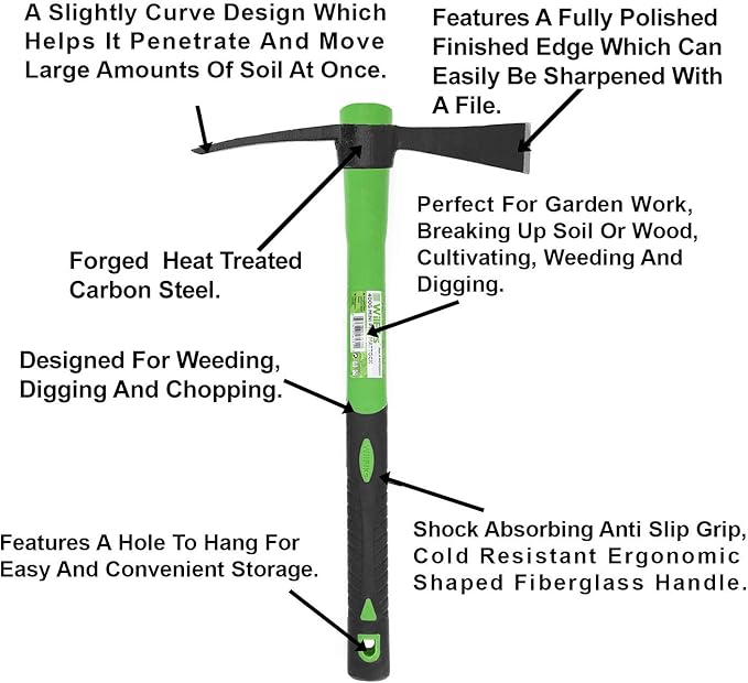 WilFiks Cutter Mattock, 15" Heavy Duty Pick Axe with Forged Heat Treated Steel Blades, Adze Hoe for Weeding, Prying and Chopping, Digging Tool with Anti-Slip Grip, Ergonomic Shock Reduction Handle