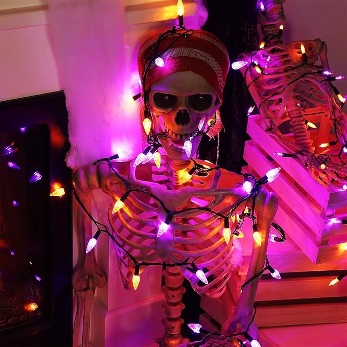 WATERGLIDE Halloween C6 String Lights, 33ft 100 LED Black Wire Fairy Lights with 29V Safe Adaptor, 8 Lighting Mode, Waterproof for Indoor Outdoor Patio Xmas Tree Party Decor, Orange & Purple