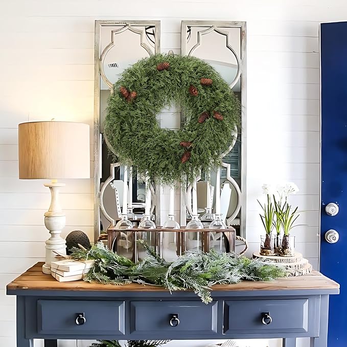 24 inch Christmas Wreath for Front Door, Real Touch Cedar Wreath with Pinecones Large Christmas Door Wreaths Artificial Hanging Pine Wreath for Xmas Indoor Outdoor Windows Holiday Decorations