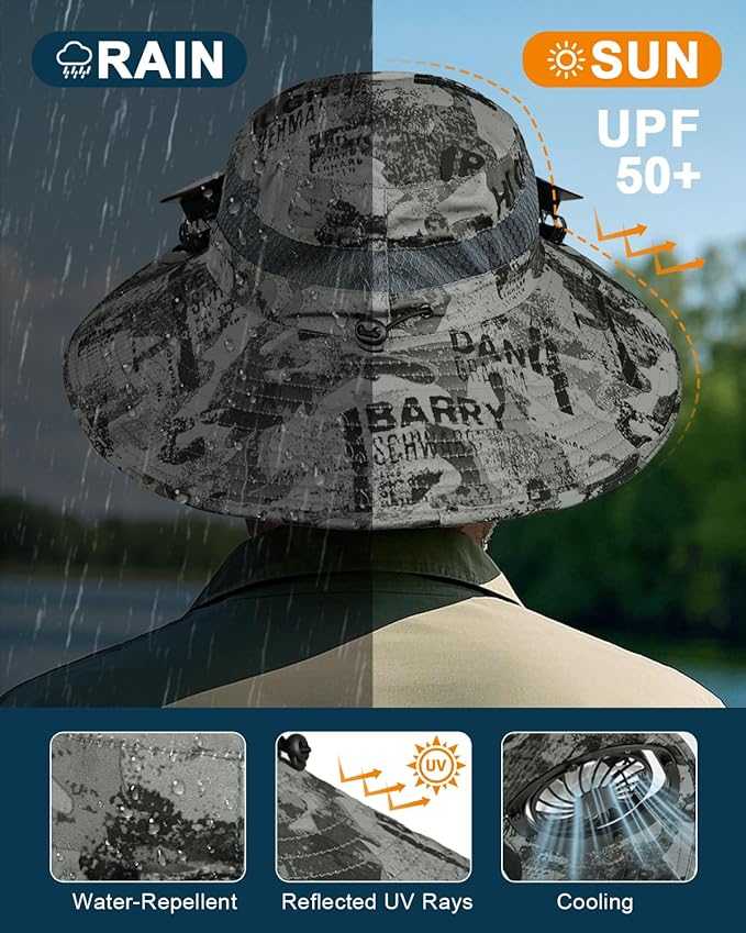 Wide Brim Sun Hat with 2 Solar Fan, Sun Bucket Hat for Men Women, UPF 50+ Bucket Fishing & Beach Hat with Fan