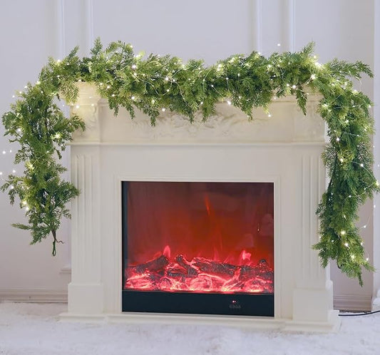 MISSPIN Christmas Garland with Lights, Real Touch Winter Pine Garland, Green Artificial Greenery Garland for Table, Mantle, Wall, Indoor, Outdoor Christmas Decorations