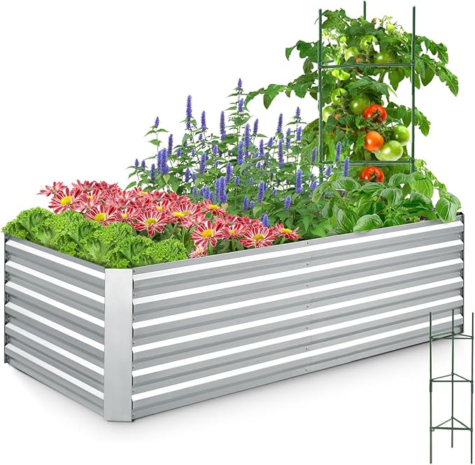 Quictent Galvanized Raised Garden Bed 6x3x2 Ft Metal Planter Box Bottomless for Backyard, Include 1 pc Tomato Cage, Silver
