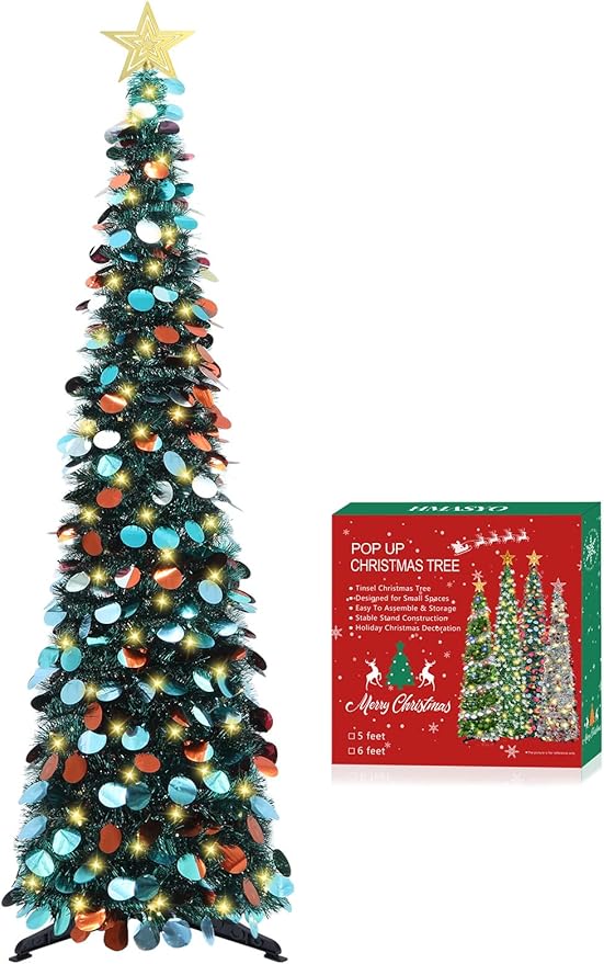HMASYO 5 FT Pop Up Christmas Tree with Timer Lights, Blue Christmas Tinsel Tree, Collapsible Artificial Pencil Christmas Tree for Indoor Home Apartment Porch Holiday Party Decorations