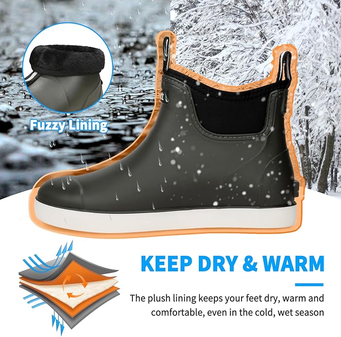 Mens Deck Boots, Saltwater Fishing Booties Rubber Waterproof Ankle Rain Boots, High-performance Footwear Chelsea Boots for Gardening Fishing Boating Camping Sailing