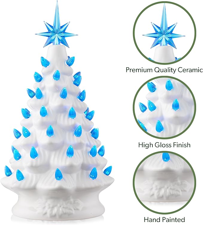 Casafield Hand Painted Ceramic Christmas Tree, White 12-Inch Pre-Lit Tree with 100 Pink and Blue Lights and 2 Star Toppers