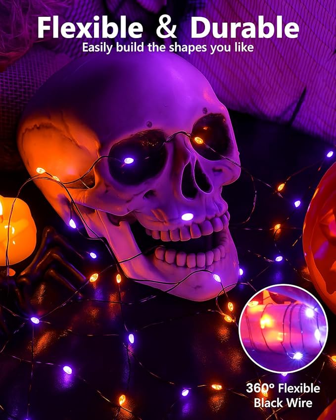 4 Pack 60LED Orange & Purple Fairy Lights Battery Operated with Timer, 20FT Waterproof Christmas Lights Outdoor Indoor, Black Wire String Lights for Bedroom, Party, Centerpiece, Christmas Decorations