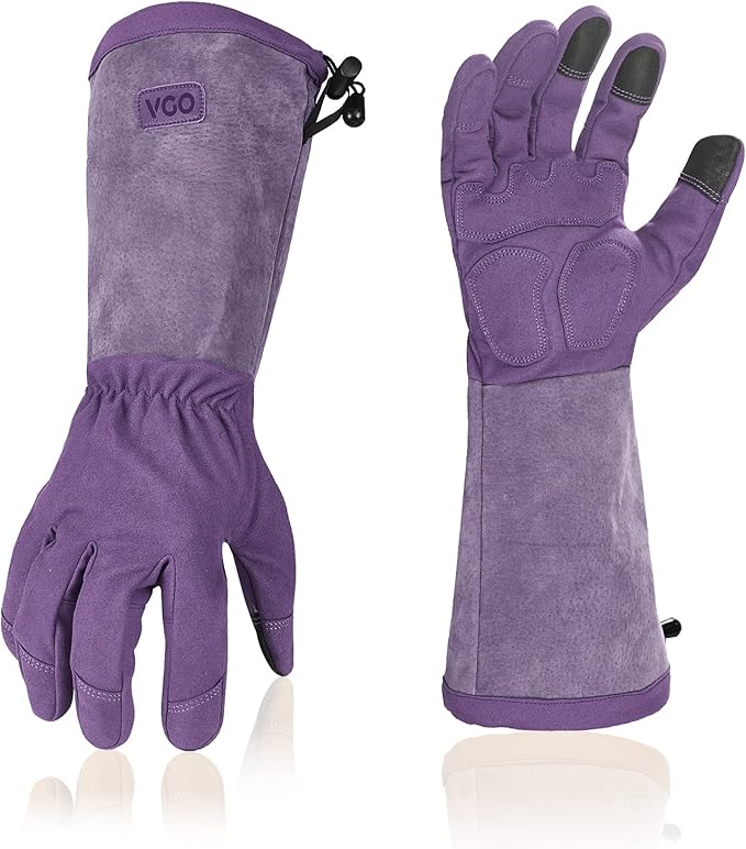Vgo... Ladies' Synthetic Leather Extended Pig Split Leather Cuff Rose Pruning Thorn Proof Garden Gloves (Size M, Purple,SL6592W)