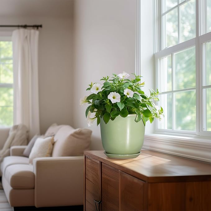 Ceramic Flower Pots - 8 Inch Plant Pot Drainage Hole and Saucer, Round Plant Pot with for Indoor Outdoor, Modern Planter, Decorative Planter, Home Porch Room Decor, Housewarming Gift, Green