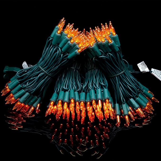 YULETIME 200 Count Orange LED Christmas Lights, 66 Feet Green Wire UL Certified Commercial Grade Holiday String Light Set (Orange)