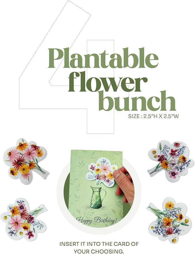 Seed Paper Birthday Cards – 4 Plantable Bouquet Inserts with Wildflower Seeds, 4 Greeting Cards & Envelopes, Unique Gift for Birthdays & Special Occasions