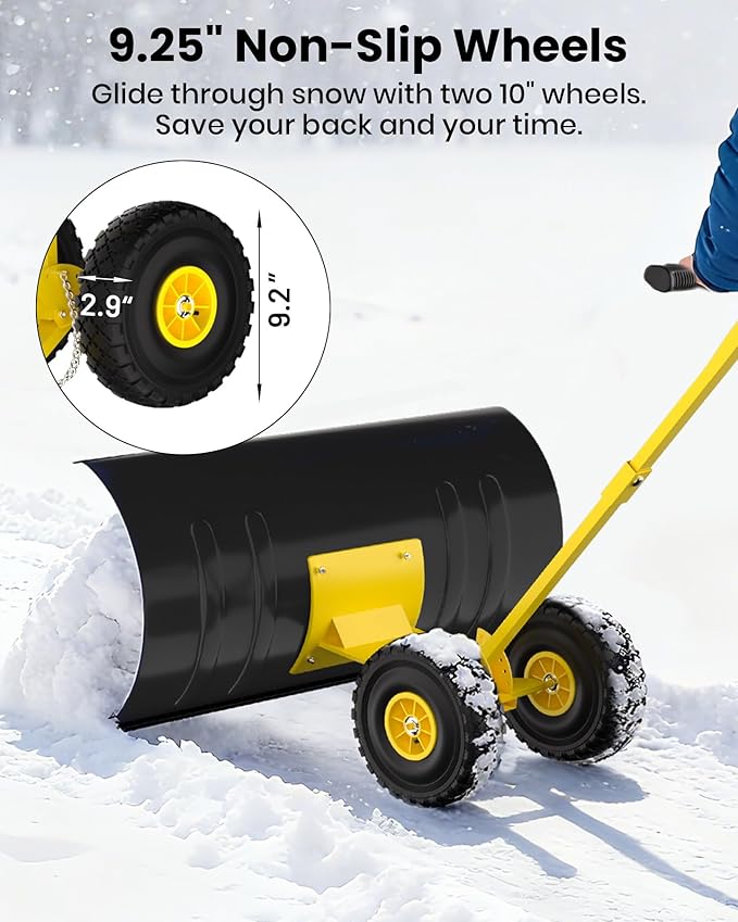 36" Snow Pusher Shovel with Wheels, Adjustable Ergonomic T-Handle Snow Plow for Driveway, Heavy Duty Wheeled Rolling Shovels for Driveway and Sidewalks with Angeled Blade