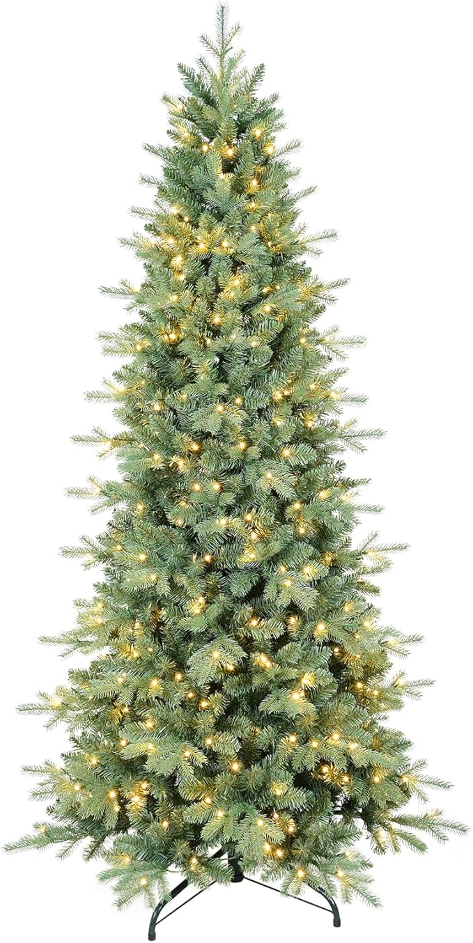 7 FT Prelit Artificial Skinny Christmas Tree,Blue Spruce Slim Pencil Xmas Tree with 1552 PE&PVC Mixed Branch Tips and 400 UL Listed Clear Lights,Hinged Pine Tree with Metal Stand for Home Office Décor
