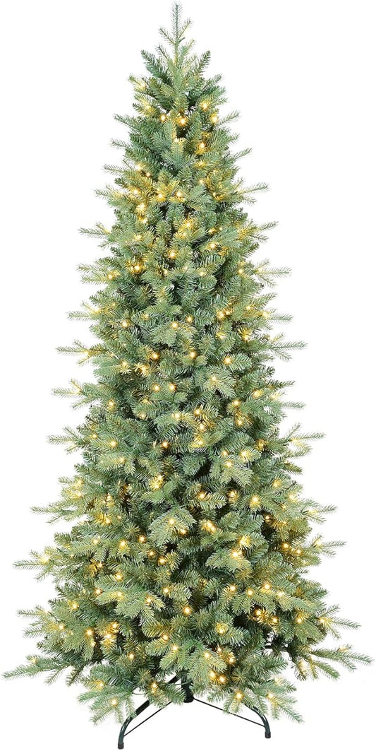 7 FT Prelit Artificial Skinny Christmas Tree,Blue Spruce Slim Pencil Xmas Tree with 1552 PE&PVC Mixed Branch Tips and 400 UL Listed Clear Lights,Hinged Pine Tree with Metal Stand for Home Office Décor
