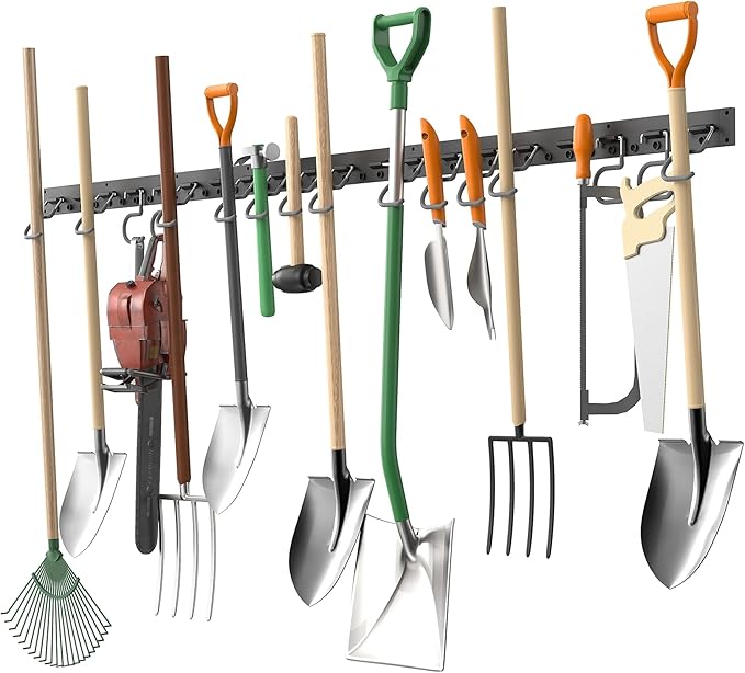 TORACK Plastic Wall Mounted Mop and Broom Holder, Garden Tools Organizer for Garage Wall, Yard Tool Storage Rack for Rakes, Shovels, Mops, Brooms (4 Tracks, 16 Hooks)