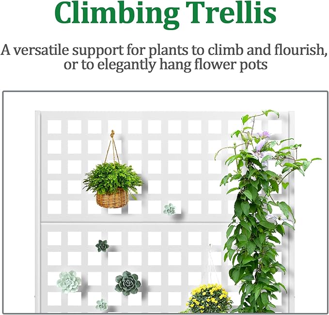 Metal Raised Garden Bed with Trellis, 2 in 1 Trellis with Planter Box & Privacy Screen for Climbing Plants, Vine, Outdoor Standing Flower Beds with Drainage Holes, 47.2"L x 16.7"W x 70.8"H, White